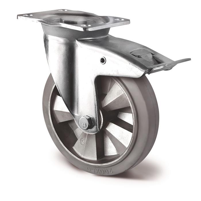 TECWERK  Schwerlastlenkrolle D.200mm Trgf.500kg Festst.Elastikgummi Bau-H.255mm