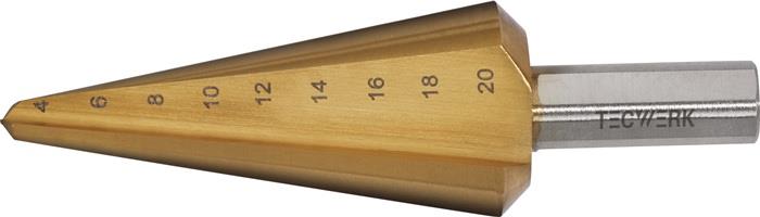 TECWERK 2000862042 Blechschälbohrer Bohrber.4-20mm HSS TiN Gesamt-L.71mm Z.2 TEC
