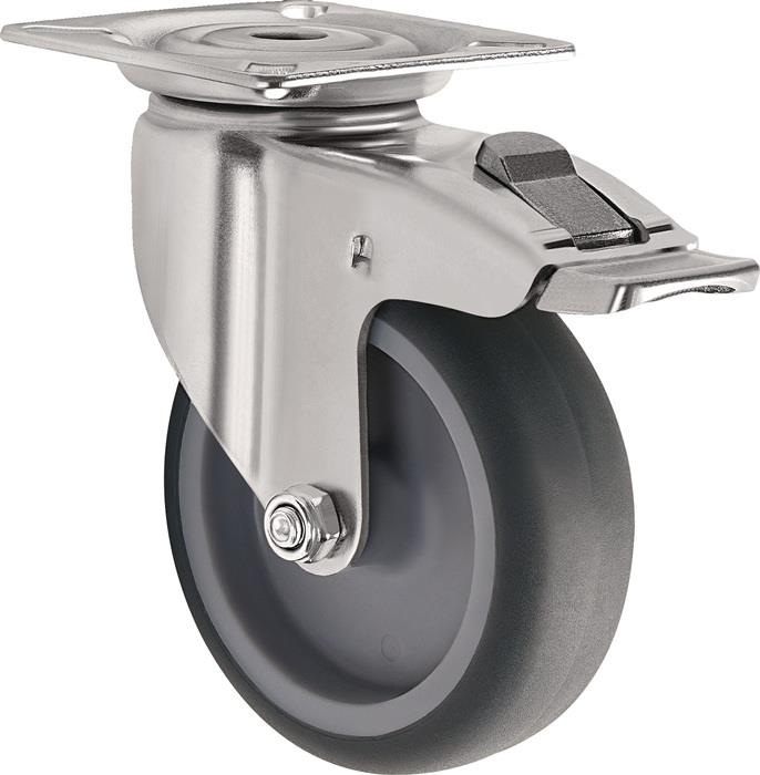 TECWERK 2000276043 Lenkrolle m.Festst.D.100mm Trgf.100kg m.Platte Gleitlager Gum