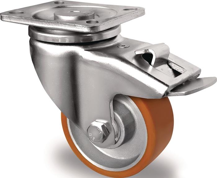 TECWERK  Lenkrolle D.100mm Trgf.250kg m.Festst.PU Platte L100xB85mm Farbe Rl.bra